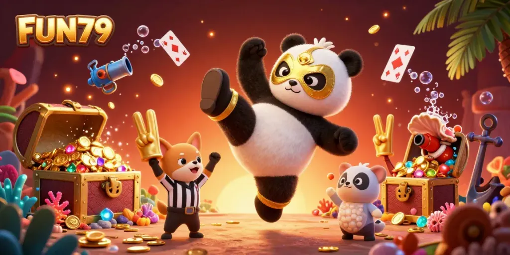 Capture the excitement of FUN79 with a flying panda wrestler and cheering animal crowd, emphasizing a dynamic casino atmosphere.