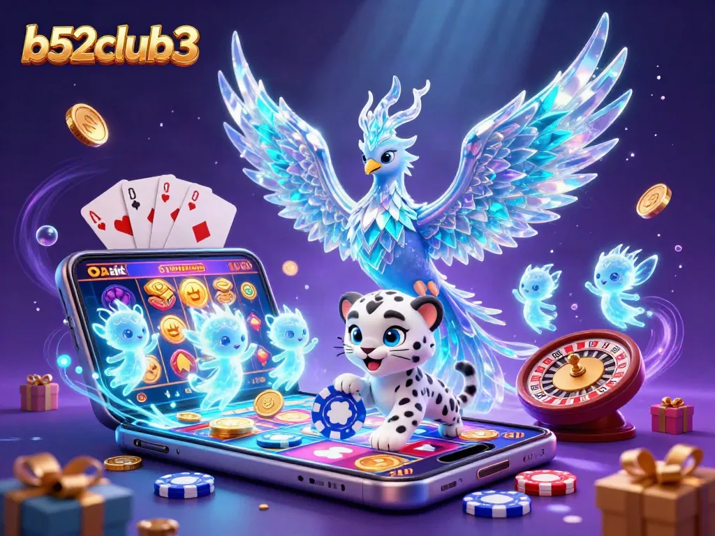 B52club3 captures vibrant gameplay with an ice phoenix and snow leopard amid a dazzling casino scene.