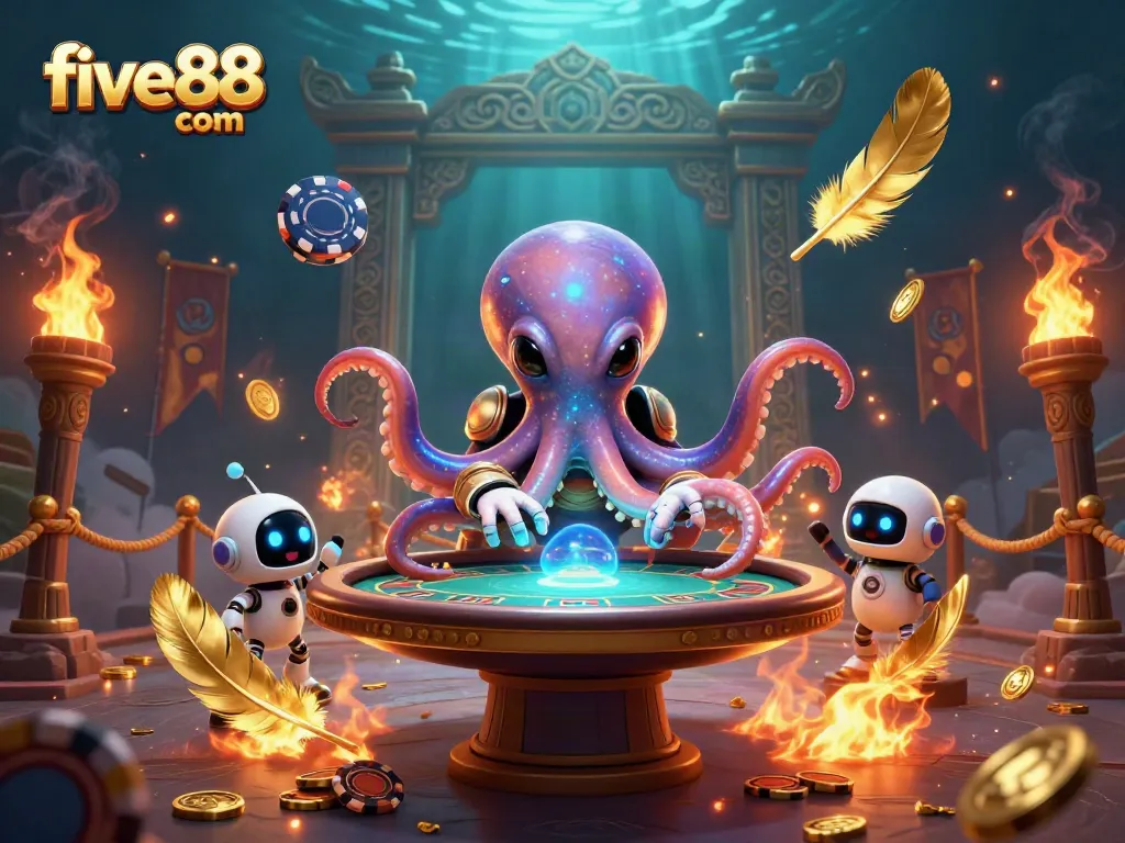 Experience the excitement of five88 com with 3D alien octopus at a vibrant holographic poker table.