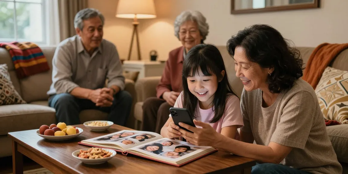Engaging family story texting service moment with daughter texting mother about childhood memories in a cozy living room.