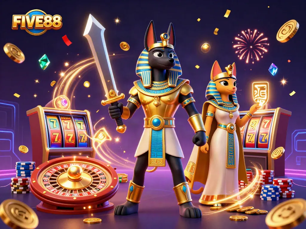 Experience the thrill of FIVE88 with Anubis and Bastet amid cascading coins and dynamic gaming elements.