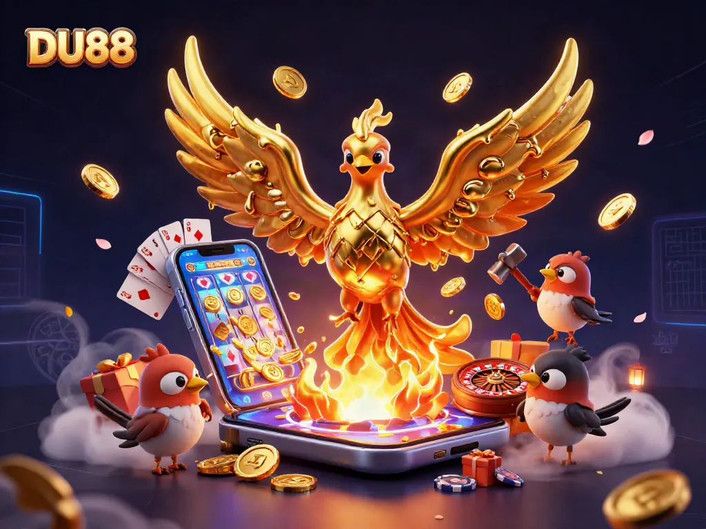Engage in the thrilling DU88 online casino experience, with a dazzling golden phoenix and vibrant slot game elements.