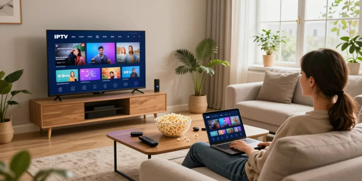 Enjoying IPTV service on a modern sofa while streaming diverse content, featuring Best IPTV providers.