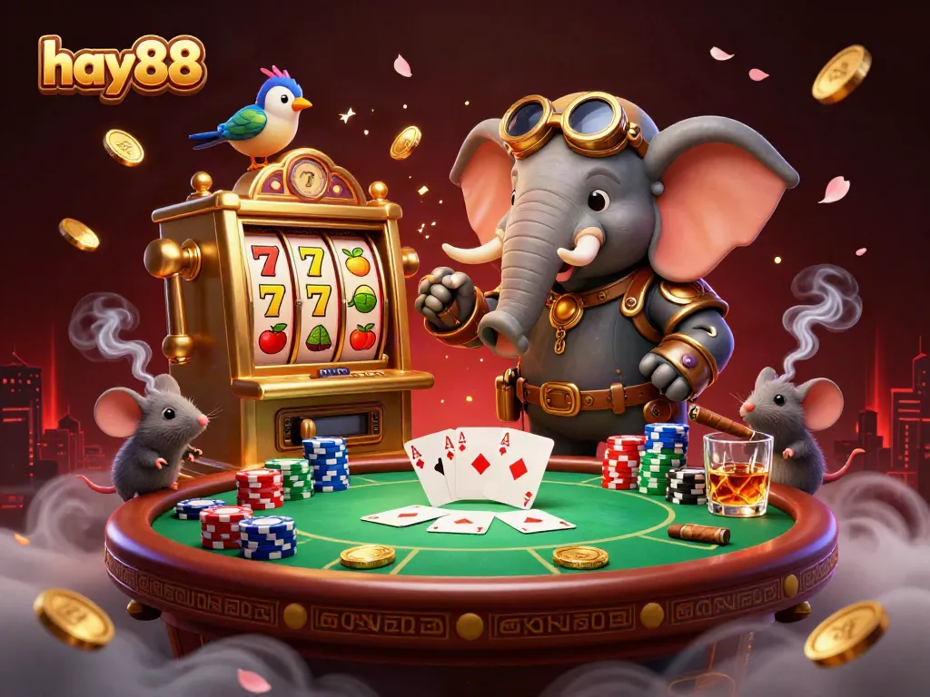 Experience the excitement at hay88 with a steampunk elephant revealing jackpot slots, poker chips, and winning hands.