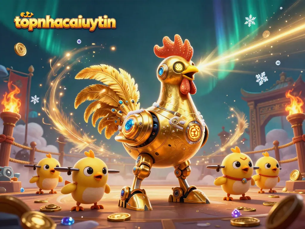 Experience topnhacaiuytin's world with a golden rooster robot and dynamic baby chick drones in a rich casino scene.