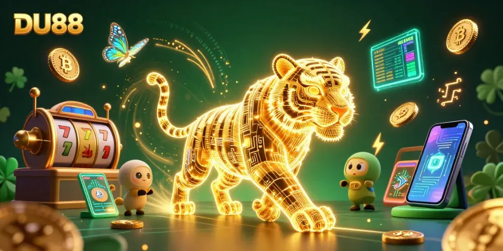Experience the excitement of DU88 with a vibrant neon casino scene featuring a golden tiger and dynamic slot elements.