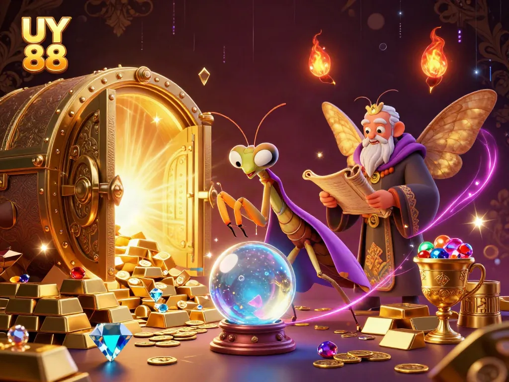 Engaging UY 88 casino scene featuring a fortune teller and a moth librarian, surrounded by treasures.