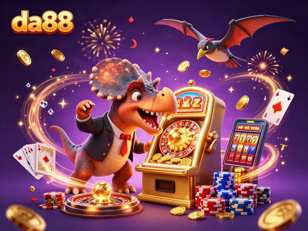 Engage with da88 casino action as a pachycephalosaurus wins jackpot coins from a golden slot machine.