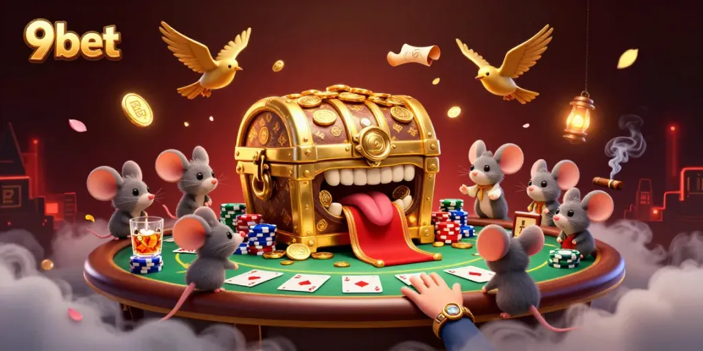 Engage with 9bet's thrilling casino experience featuring treasure chests and vibrant poker elements.
