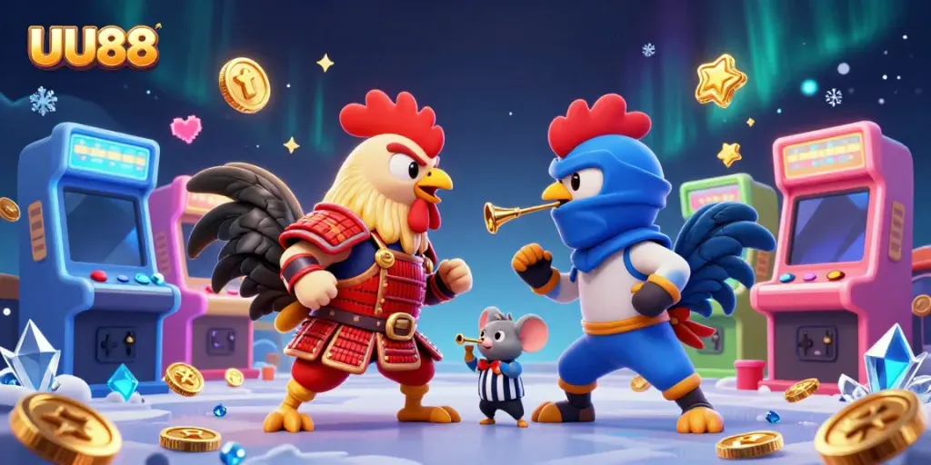 Engage with the thrilling duel of roosters in UU88, highlighting vibrant gaming elements and dynamic visuals.