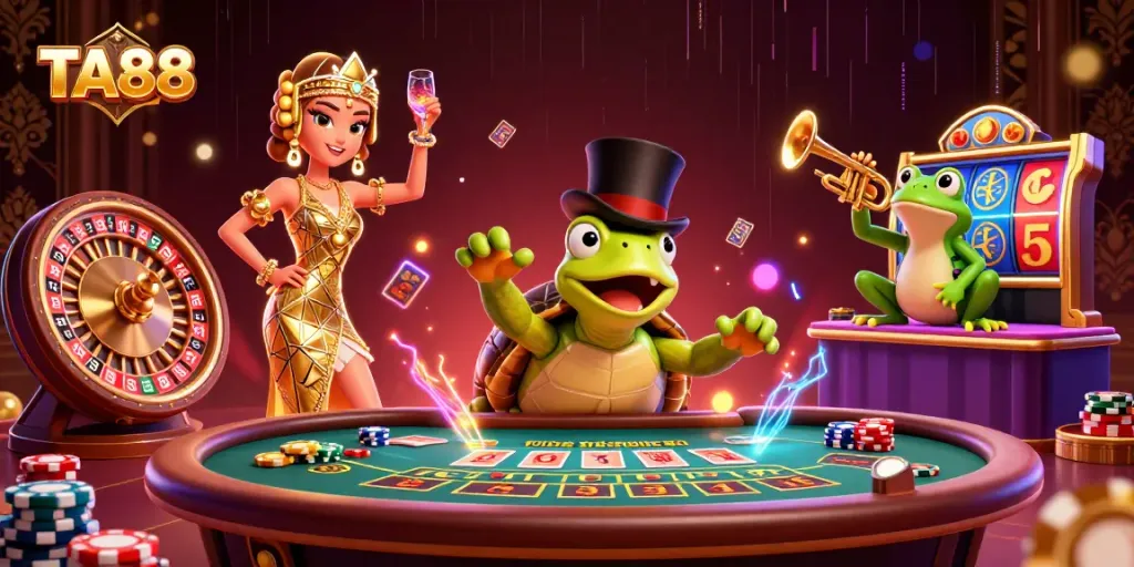 Experience TA88 excitement with vibrant live casino elements featuring a glamorous crane, turtle, and frog.