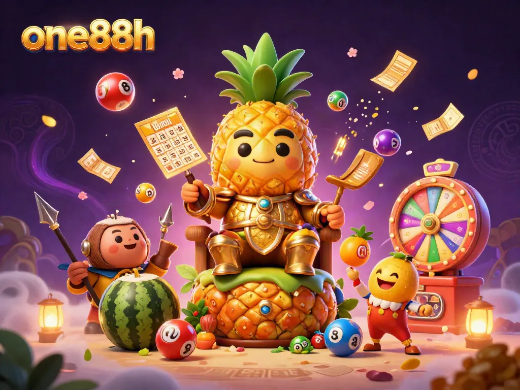 Win big at one88h, featuring the golden pineapple king and vibrant gaming elements in a lively casino scene.