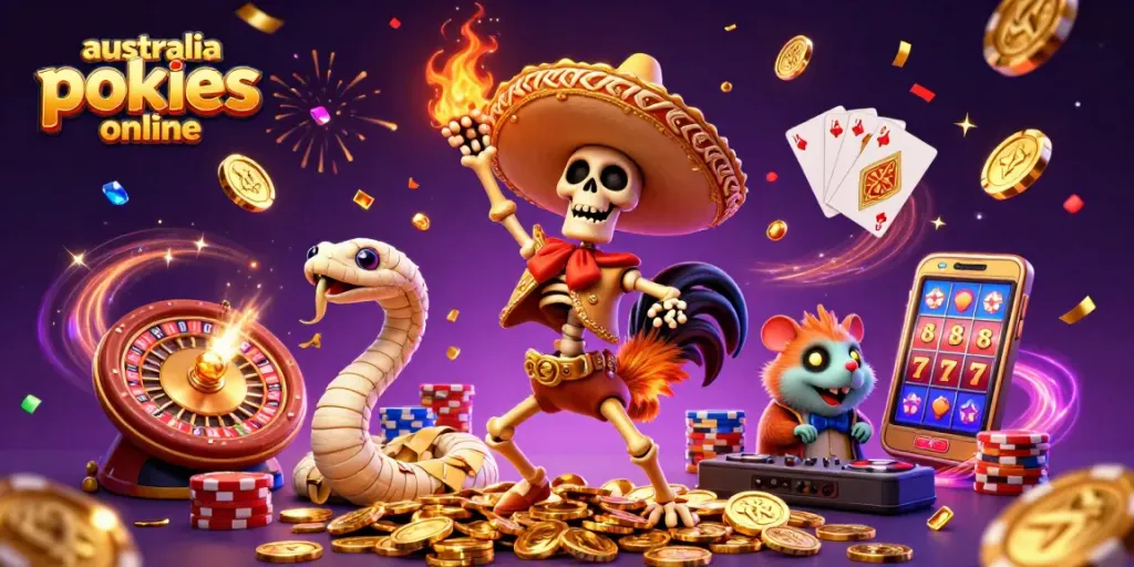 Spin and win on Australia pokies online with colorful slot reels and festive characters celebrating fortunes.