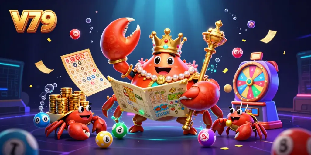 Experience exciting V79 gameplay with a golden crab emperor amid colorful casino elements.