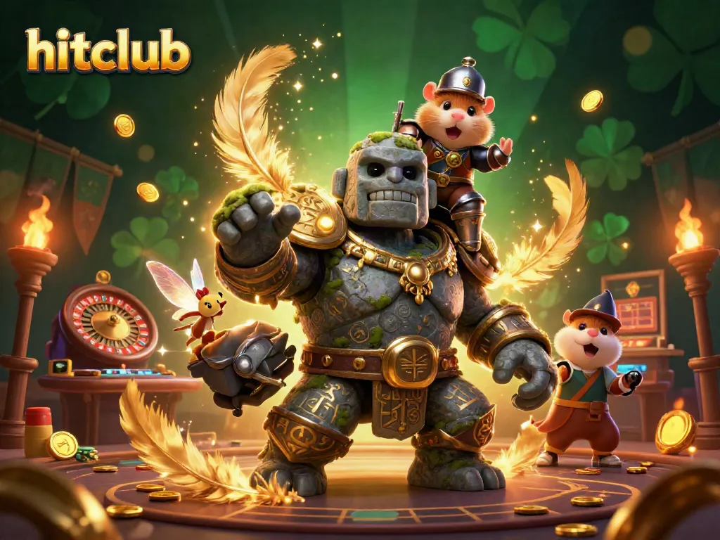 Engage with hitclub’s thrilling 3D casino world featuring a golem guardian, knight, and fairy in magical action.