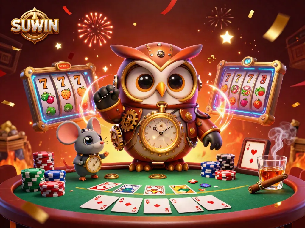 Suwin offers a vibrant casino experience with lively slot reels and poker elements, igniting excitement.