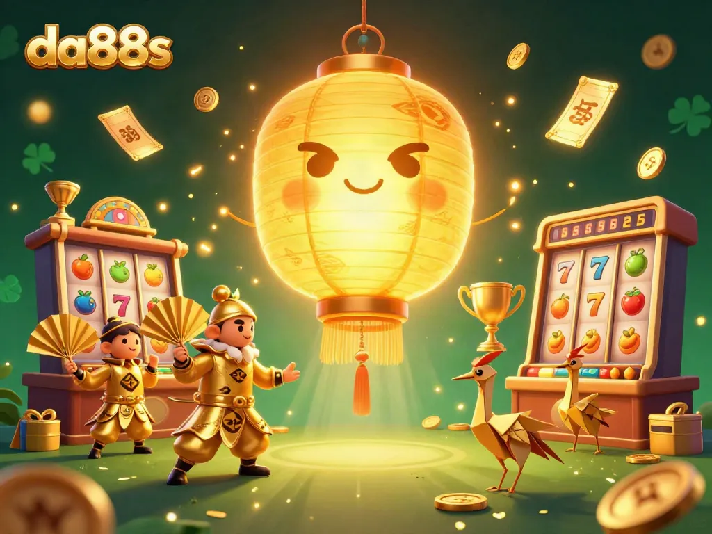 Spin to win with da88s in this vibrant casino scene featuring golden elements and dynamic slots.