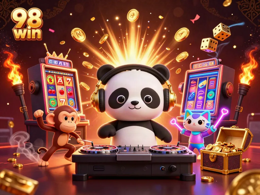Experience the excitement of 98 win with vibrant characters in a bustling casino scene.