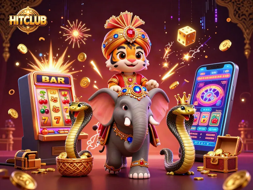 Win big with HITCLUB at a dynamic casino scene featuring vibrant 3D elements and a luxurious atmosphere.