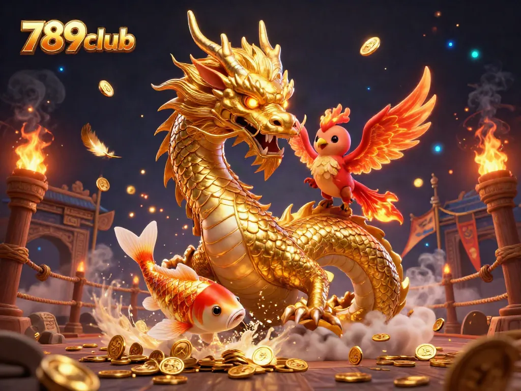 Engage with the thrilling 789club experience, featuring a dragon, phoenix, and koi fish celebrating a shower of coins.