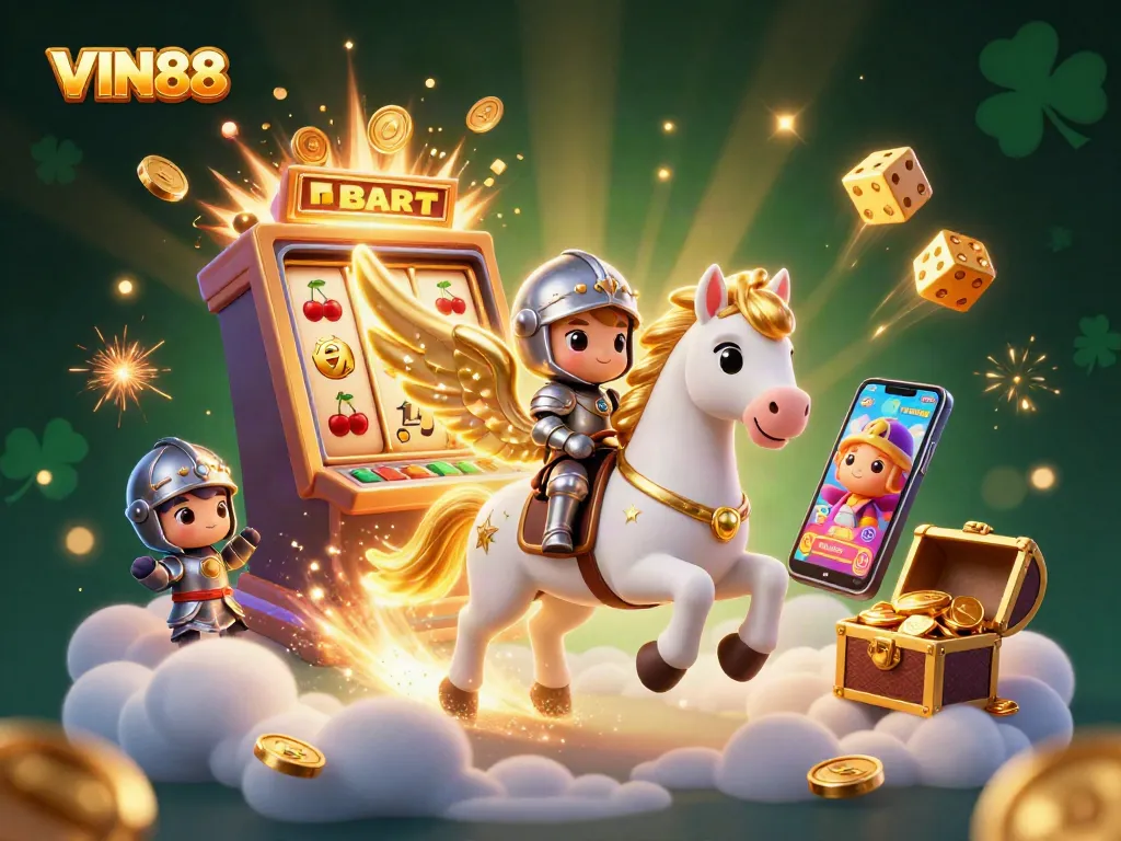 Engage with VIN88 on a colorful 3D digital casino adventure featuring slots, gold coins, and a magical horse.