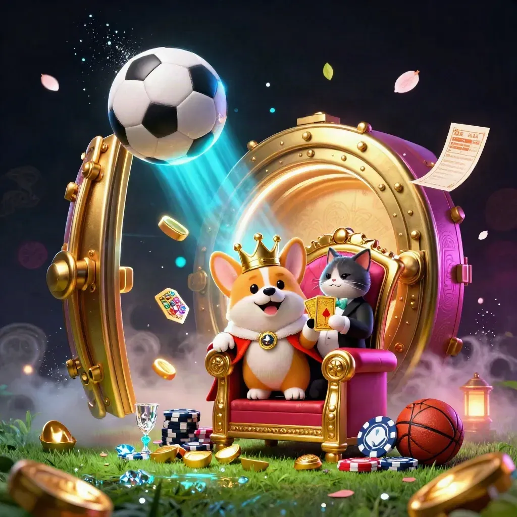 Crowned corgi and cat butler amid a soccer ball blast, gold vault, and neon casino glow.