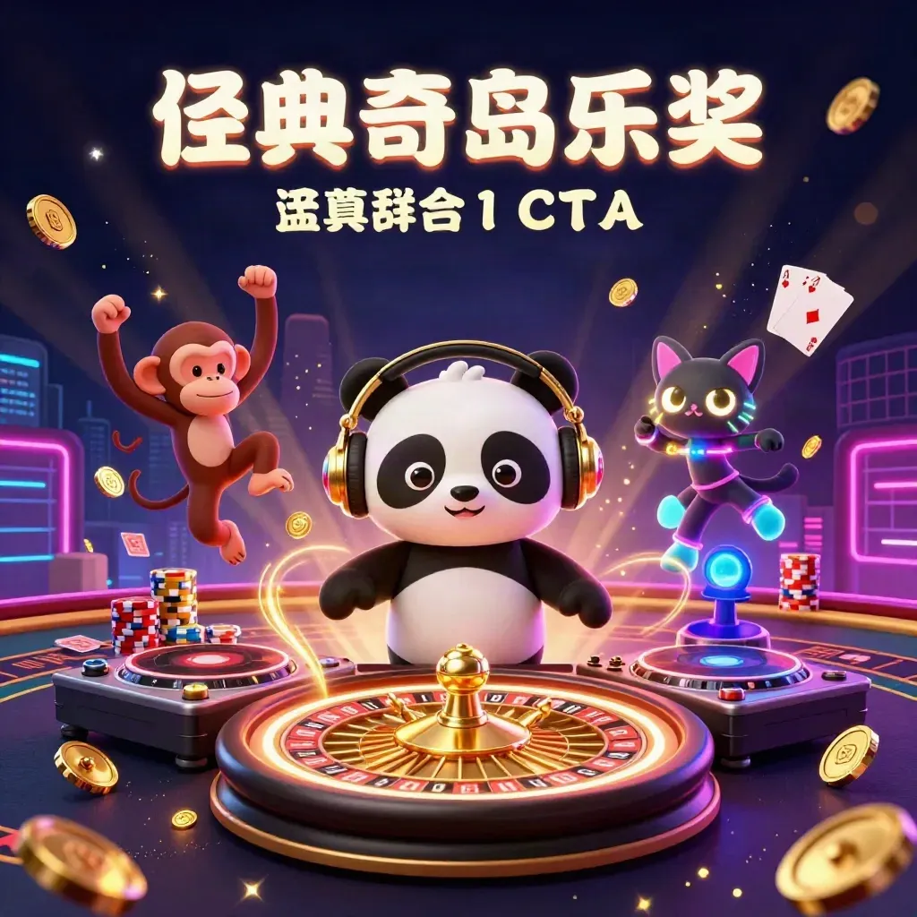 DJ panda, breakdancing monkey, and glow-stick kitten amid coins, cards, chips, and neon casino light.