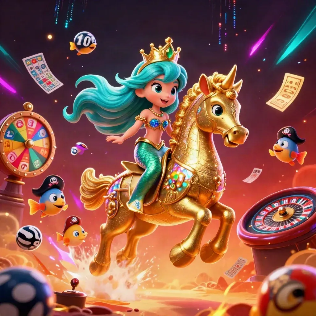 Mermaid princess on armored seahorse amid casino treasures, neon bolts, and spinning game icons.