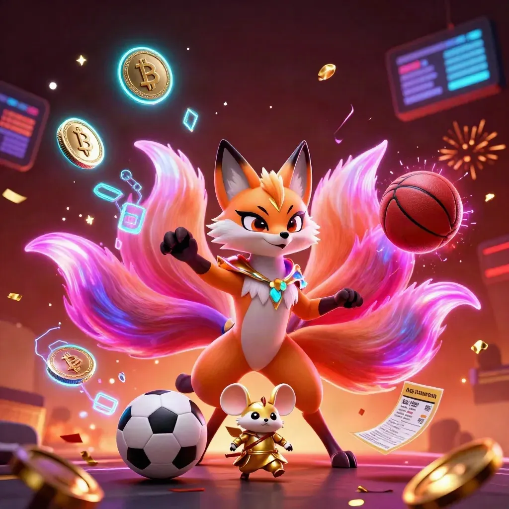 Neon fox spirit and samurai mouse with sports balls, crypto coins, and casino effects in a fiery glow.