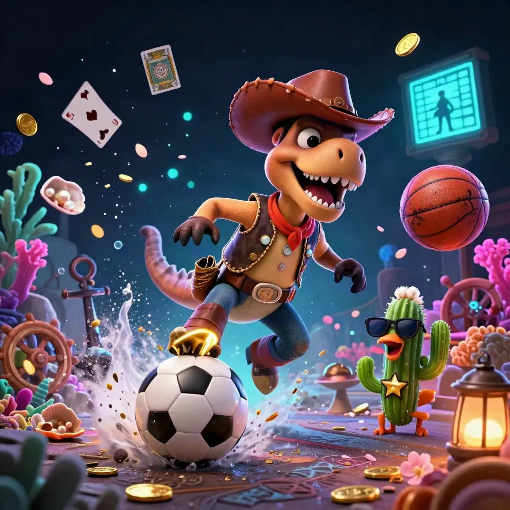 Cowboy T-Rex, cactus sidekick, and roadrunner amid neon sports balls, gold coins, and treasure cove glow