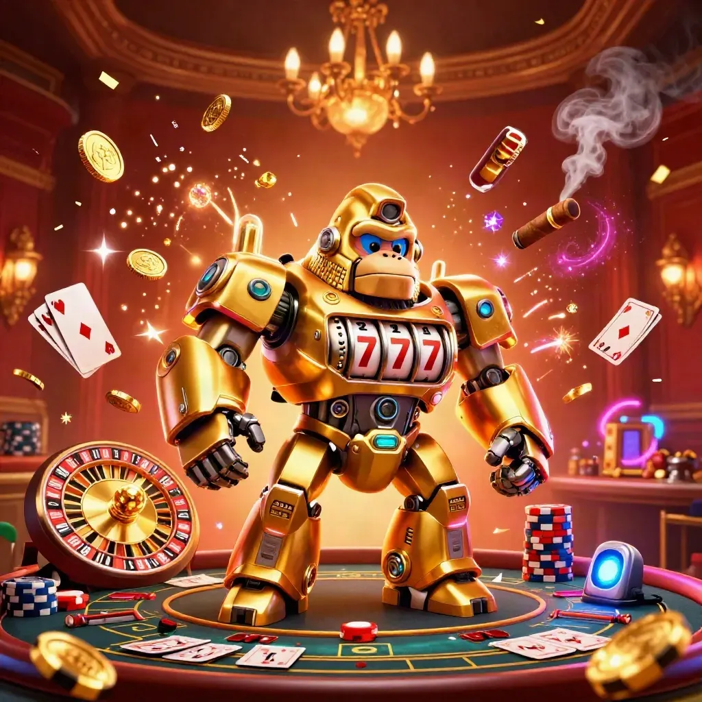 Golden gorilla slot mech with monkey pilot amid coins, cards, chips, and glowing casino lights.