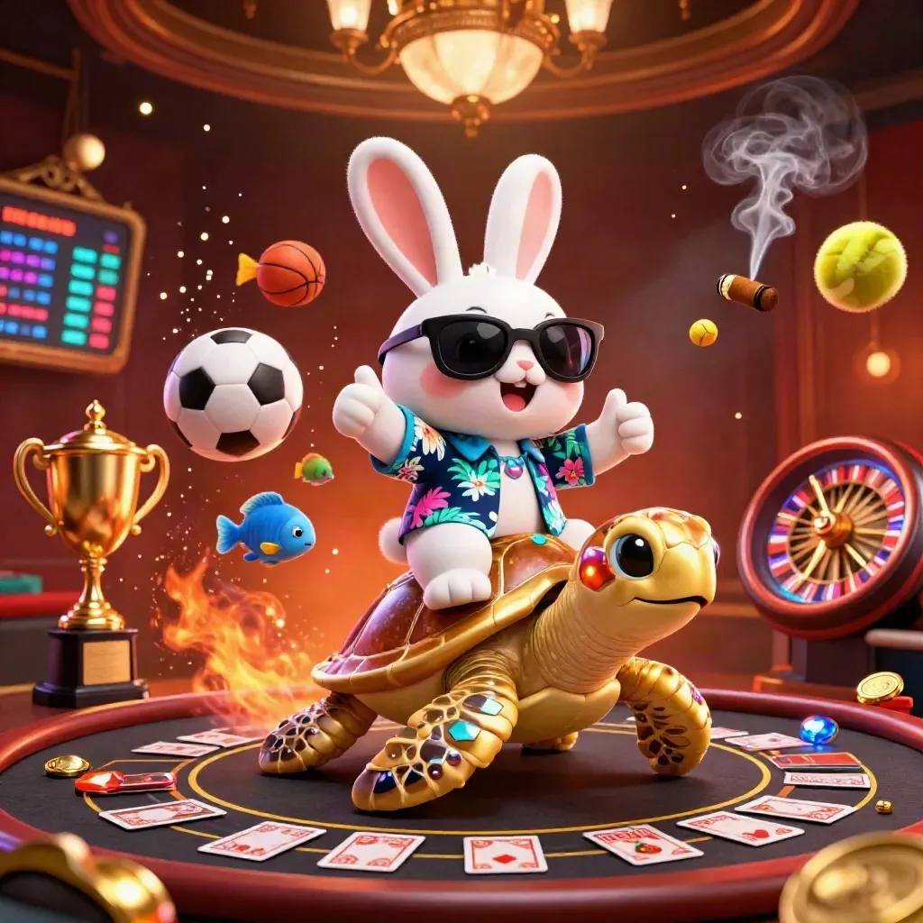 Lucky rabbit rides a golden turtle amid casino glam, sports balls, coins, and neon glow.