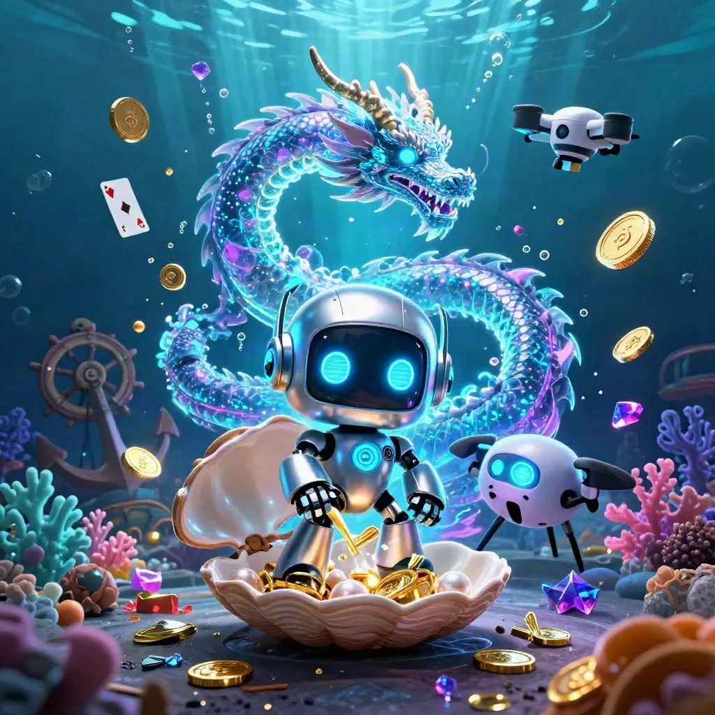 Cyberpunk robot, holographic dragon, and coin drone erupting in a glowing underwater treasure cove