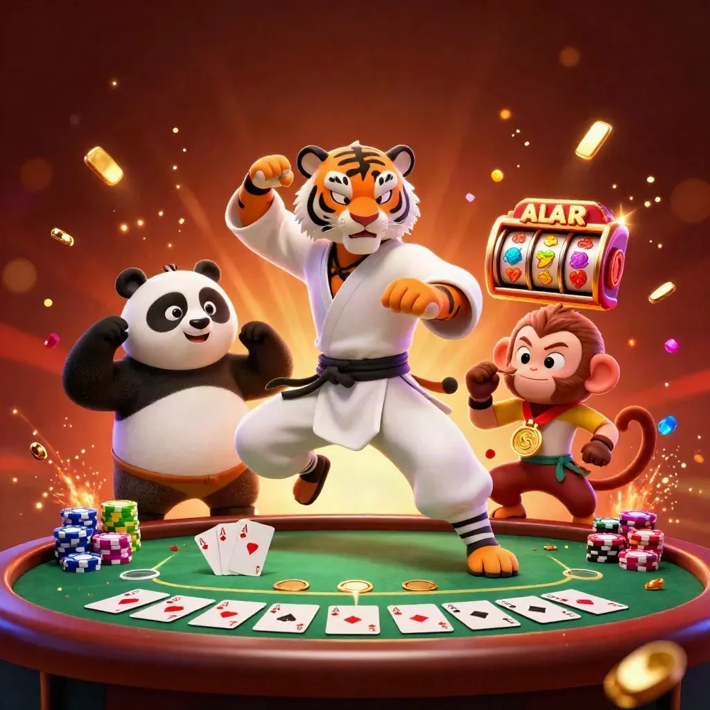 Kung-fu tiger, panda, and monkey around poker chips and slot symbols in neon casino art