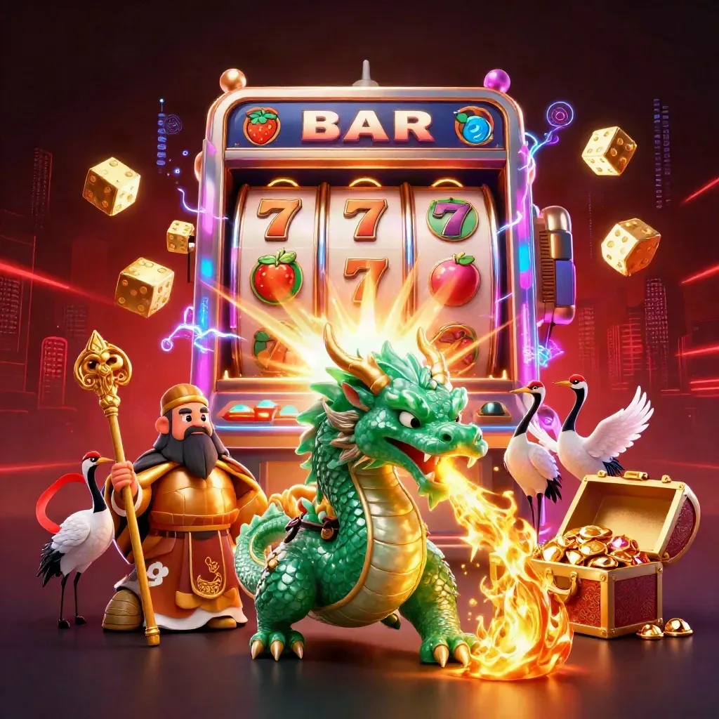 Emerald dragon, turtle sage, and cranes burst from a slot machine amid gold and neon energy.