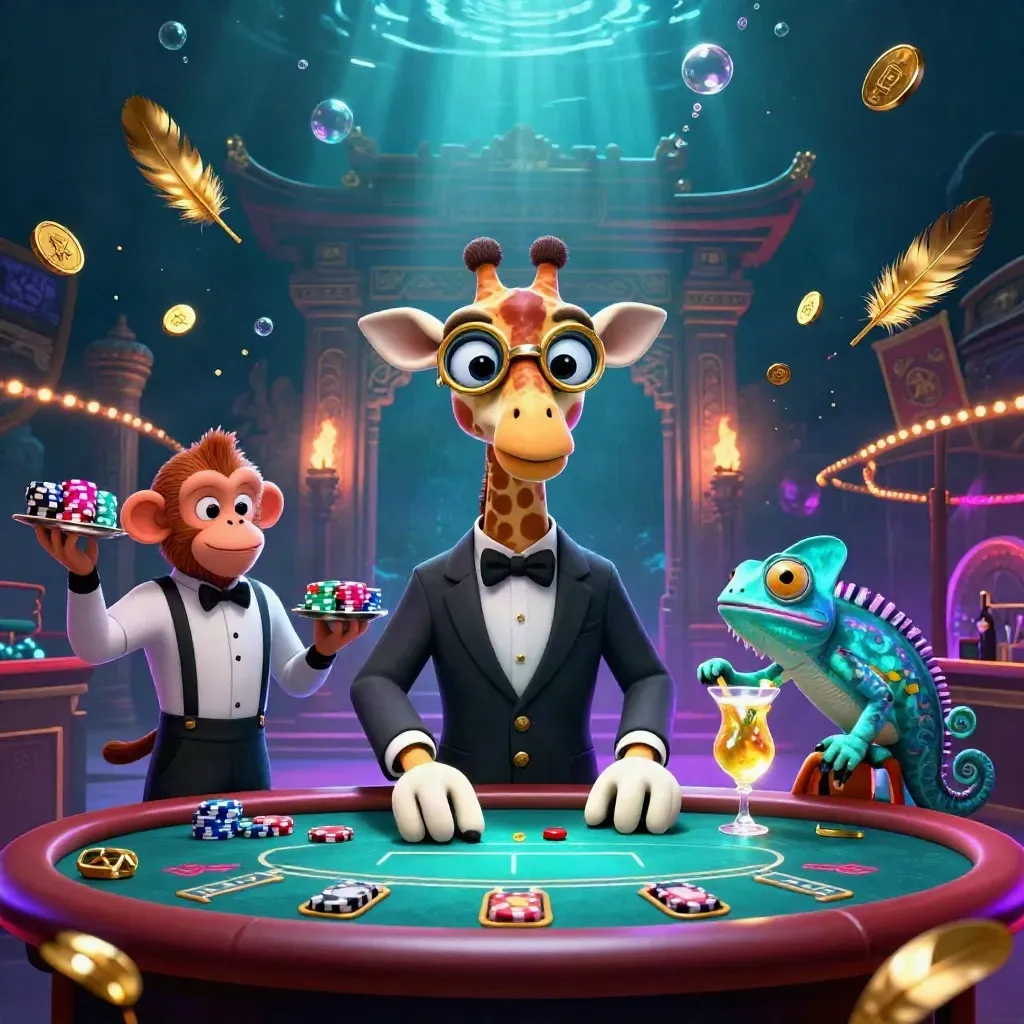 Giraffe, monkey valet, and chameleon bartender in a neon underwater casino scene with coins and temple gates.