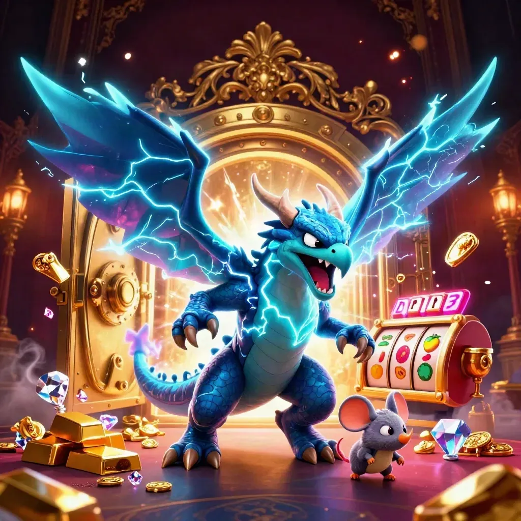 Thunder dragon, wind hawk, and crackling mouse burst through vault gold and gems.