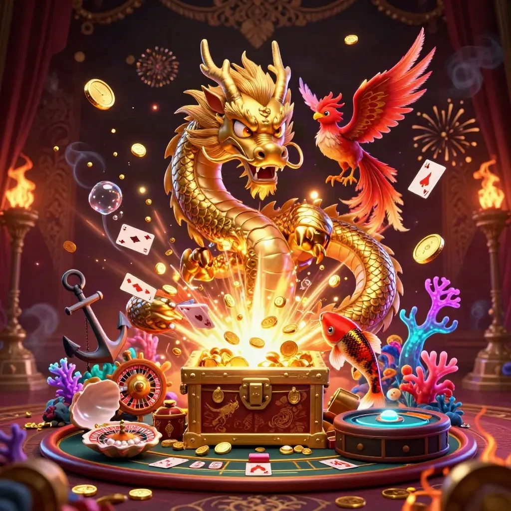 Golden dragon, phoenix and koi erupt from treasure in a neon casino cove with coins and fireworks.