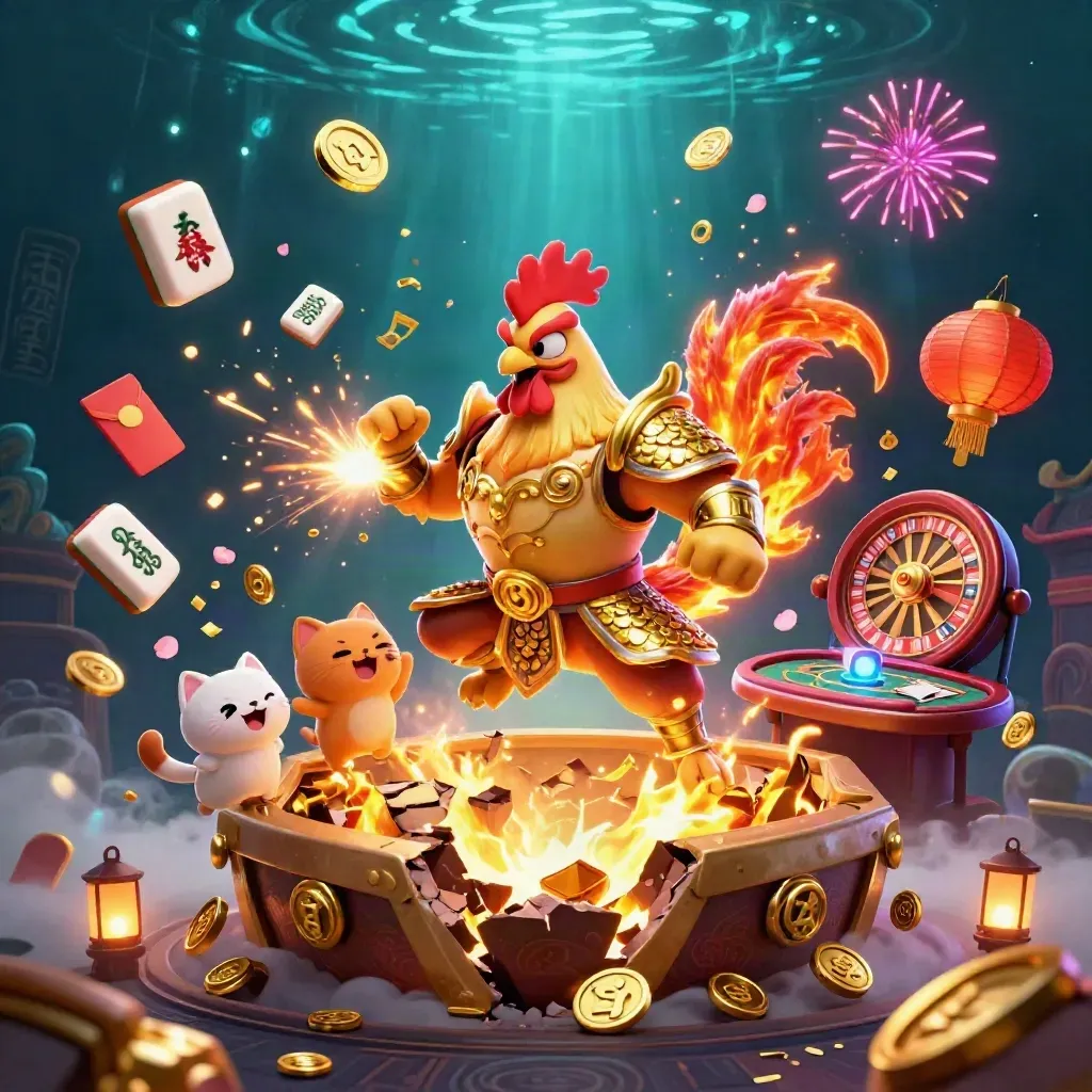 Rooster warrior, dragon hatchling and fortune cat burst from a treasure vault with coins and neon fireworks