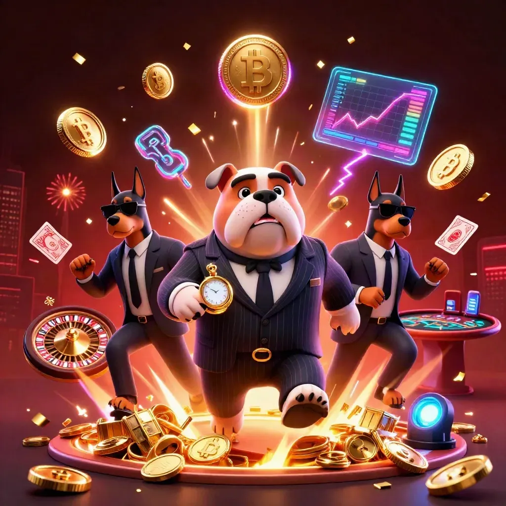 Bulldog boss and two bodyguards amid coin burst, neon crypto effects, fireworks, and casino lights.