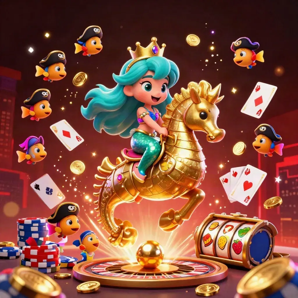 Mermaid princess rides a gold-armored seahorse amid casino chips, coins, reels, and neon glow.