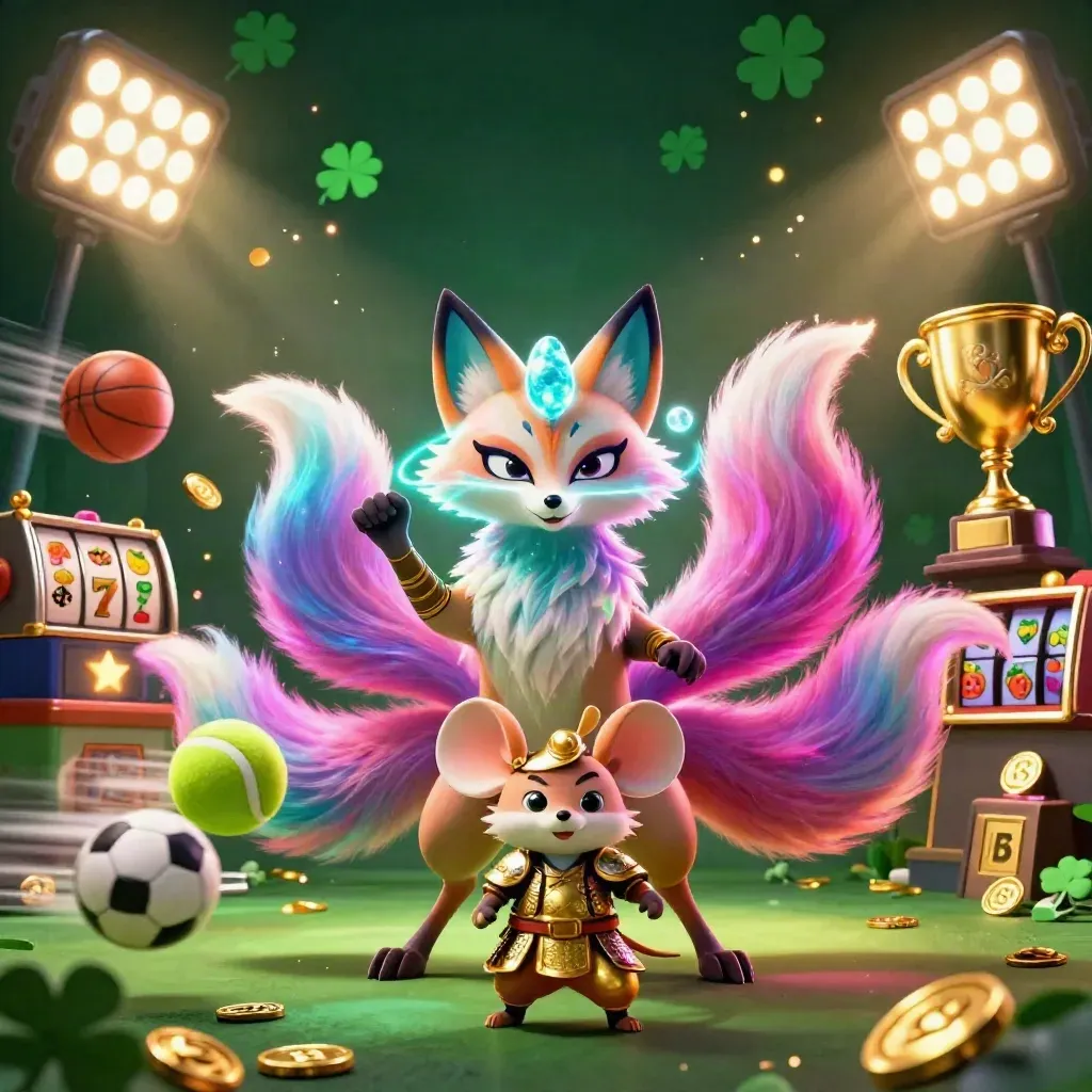 Neon fox spirit with gold-armored mouse, sports balls, coins, reels and casino glow