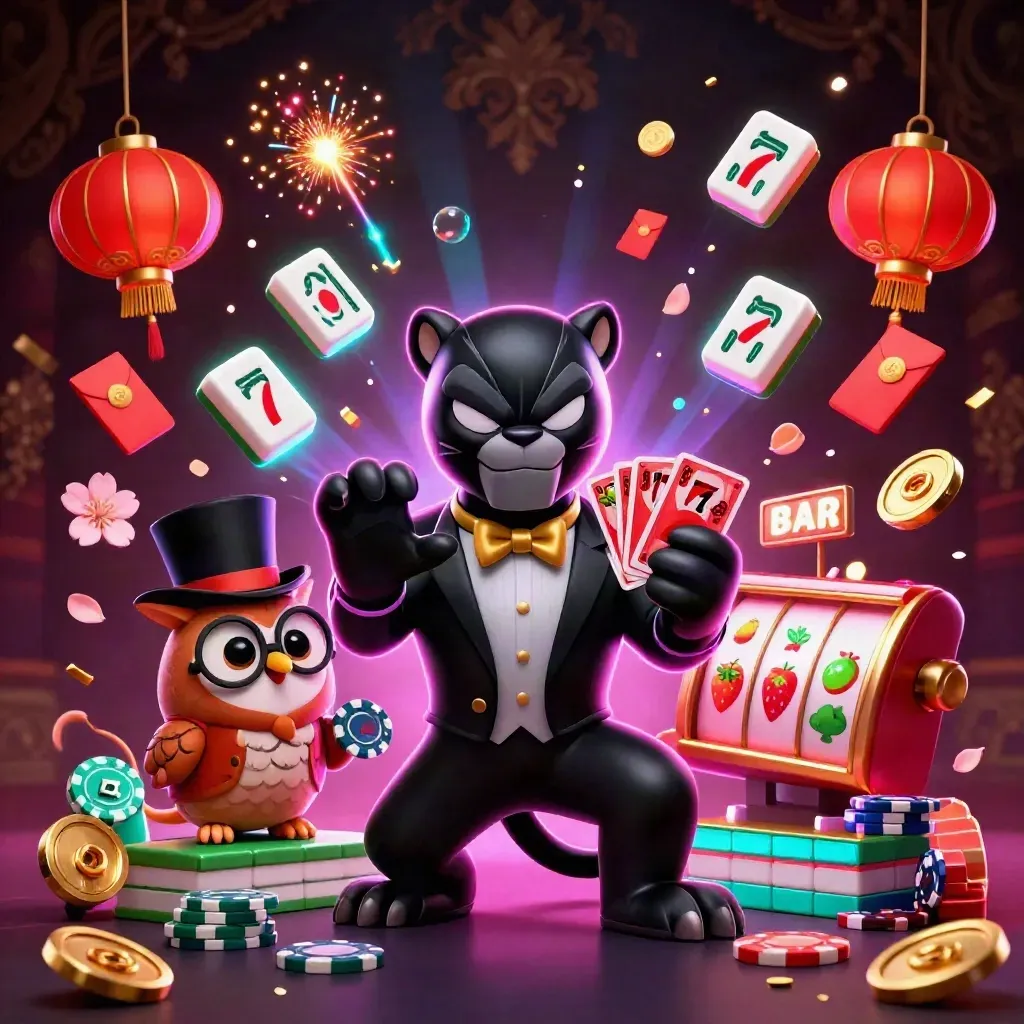 Panther, owl, and mouse casino heroes amid neon chips, lanterns, reels, and gold glow.