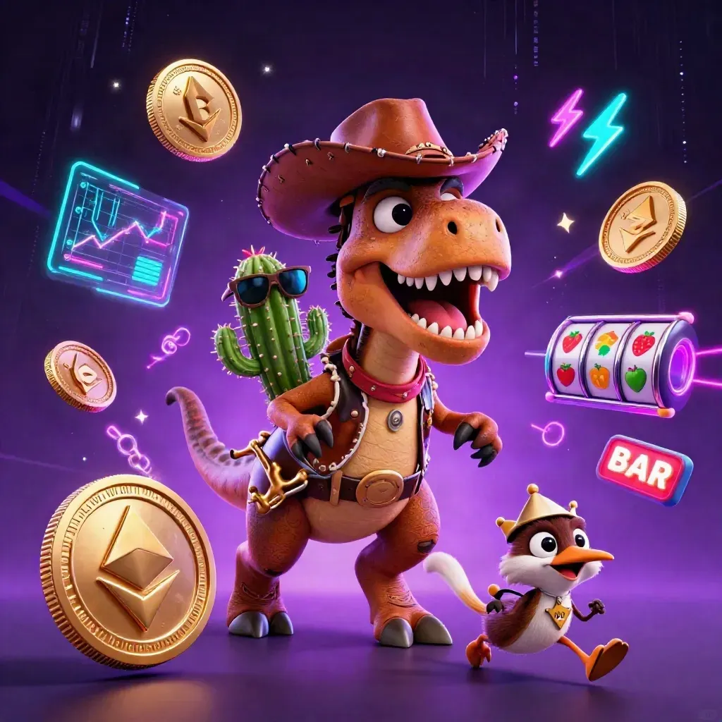 Cowboy T-Rex, cactus sidekick, and roadrunner amid neon coins, lightning, and slot symbols.