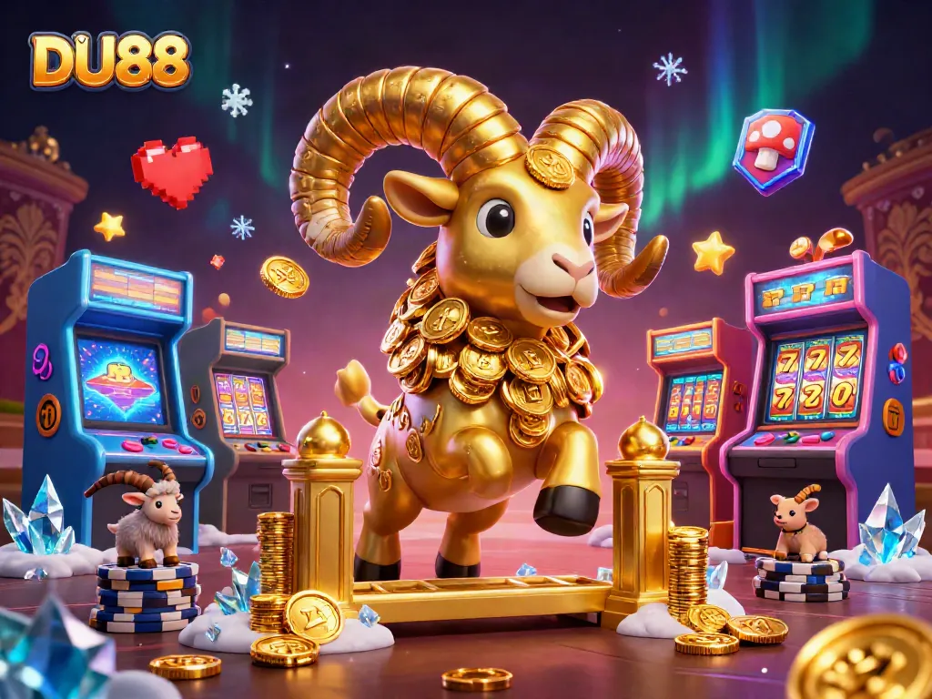 Engage with DU88's vibrant casino atmosphere featuring golden ram and slot machines in a lively scene.