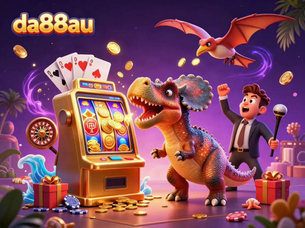 Witness da88au create winning moments where dinosaurs meet jackpot riches in a vibrant casino scene.