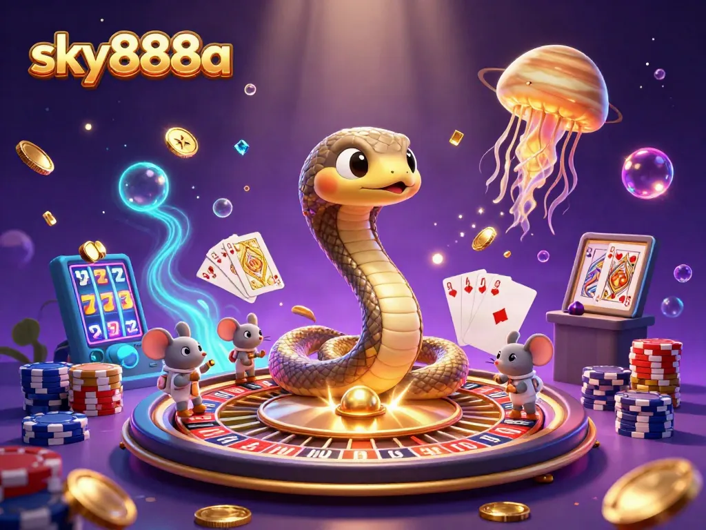 Experience thrilling bets with sky888a in a vivid 3D casino scene featuring a cosmic dealer and vibrant elements.