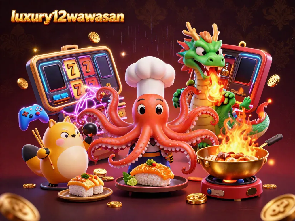 Engage in thrilling gaming action with luxury12wawasan featuring vibrant slot machines, a playful octopus chef, and a fiery dragon.