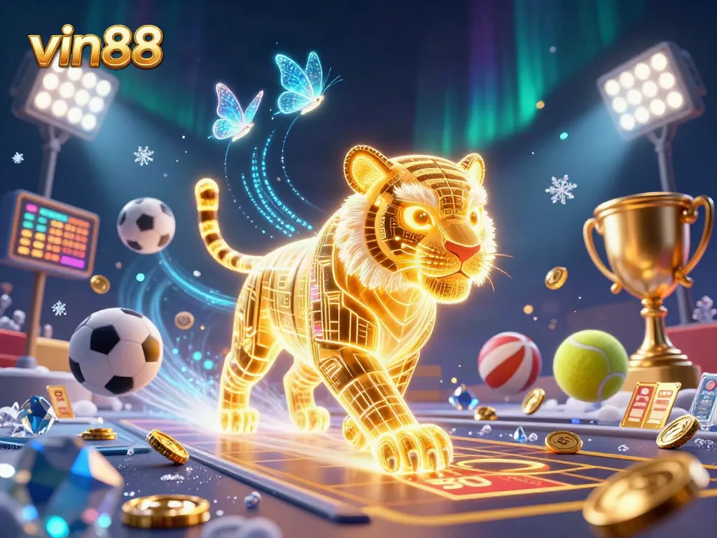Experience vin88 with a dynamic scene showcasing a neon tiger and sports elements in a vibrant casino landscape.