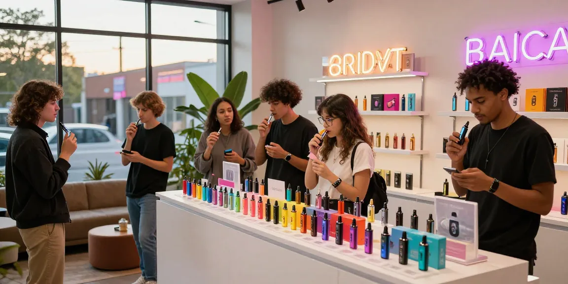 Exploring top disposable vapes in the USA with friends at vibrant vape shop.